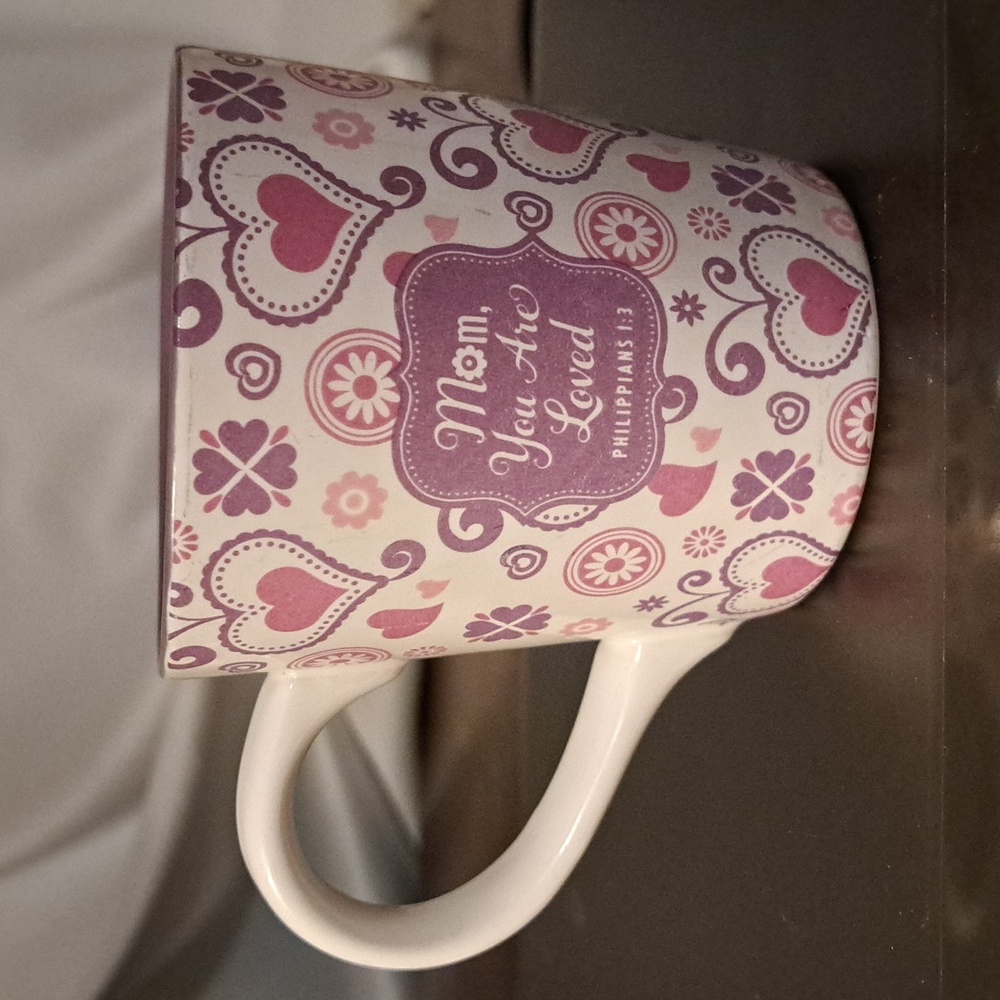 Heart Patterned Purple Mug  Mom You Are Loved Phillipians 1:3   Mother's Day